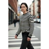 Erkek Oversize Bisiklet Yaka Çizgili Triko Kazak Fitilli Dokuma Uzun Kollu Basic Rahat Kesim