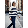 Erkek Oversize Geniş Kalıp Bisiklet Yaka Çizgili Akrilik Triko Kazak Soğuk Kış Günleri İçin İdeal