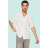 Erkek Oversize Keten Görünümlü Gömlek Kısa Kollu Apaş Yaka Günlük Yaz Aylarının Vazgeçilmezi