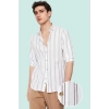 Erkek Slim Fit İnce Çizgili Gömlek Yaka Düğmeli Uzun Kollu Günlük Yaz Aylarının Vazgeçilmezi