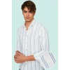 Erkek Slim Fit İnce Çizgili Gömlek Yaka Düğmeli Uzun Kollu Günlük Yaz Aylarının Vazgeçilmezi
