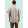 Erkek Yazlık Kısa Kollu Çizgili Keten Karışımlı Gömlek Oversize Apaş Yaka Rahat Günlük Kullanım