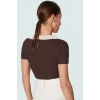 Esnek Örme Kısa Kollu Crop Bluz Polo Yaka Polyester Karışım Günlük Kullanım İçin