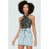 Fitted Crop Bluz Boyundan Bağlamalı Zebra Desenli Polyester Elastan Karışımı Günlük Stil