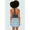 Fitted Crop Bluz Boyundan Bağlamalı Zebra Desenli Polyester Elastan Karışımı Günlük Stil