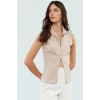 Fitted Dik Yaka Fermuarlı Yazlık Örme Bluz Modern Stil Seçkin Malzeme Zarifane Tasarım