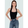 Fitted Kalıp Viskoz Ribana Crop Bluz Boyundan Bağlamalı Yaka Günlük Stil