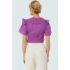 Fitted V Yaka Bluz Kısa Kollu Flamlı Pamuk Günlük Şıklık Şık Görünüm Seçkin Malzeme