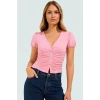 Fitted Vücuda Oturan Pamuklu Bluz V Yaka Düğmeli Kısa Kollu Yazlık Modern Stil Trend Tasarım