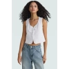 Günlük Kombinlere Uygun Terrycotton Dokuma Bluz Kalp Yaka Askılı Fitted Modern Stil