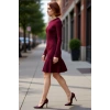 Kadın A Kesim Bordo Triko Mini Elbise Uzun Kollu Bisiklet Yaka Şık Günlük Kış Stili Tasarım