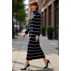 Kadın A Kesim Dik Yaka Çizgili Triko Maxi Elbise Uzun Kollu Günlük Şıklık Sunan Konfor Kaliteli