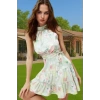 Kadın A Kesim Mini Elbise Saten Kumaş Çiçek Desenli Halter Yaka Mükemmel Uyum Şık Görünüm