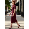 Kadın A Line Kesim Kısa Kollu Polo Yaka Kemerli Midi Elbise Yarım Pat Düğmeli İnterlok Dokuma