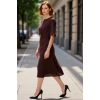 Kadın A line Siluet Bordo Düz Mat Saten Midi Elbise Aksesuar Detayı Bisiklet Yaka Dokuma Şık