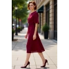Kadın A line Siluet Bordo Düz Mat Saten Midi Elbise Aksesuar Detayı Bisiklet Yaka Dokuma Şık