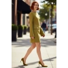 Kadın A Line Yeşil Kayık Yaka Uzun İspanyol Kollu Mini Dokuma Kışlık Elbise Şık Görünüm Sunar