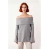 Kadın Antrasit Dokulu Regular Kalıp Carmen Yaka Triko Kazak Kışlık Standart Kol Rahat Giyim