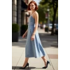 Kadın Askılı V Yaka %100 Pamuk Denim Elbise Midi Boy Düz Eteği Fırfırlı Casual Yaz Şıklığı