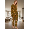 Kadın Ayıcıklı Pijama Takımı %100 Pamuk Boru Paça Uzun Kollu Rahat Uyku Özel Tasarım Ömürlü