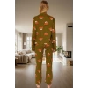 Kadın Ayıcıklı Pijama Takımı %100 Pamuk Boru Paça Uzun Kollu Rahat Uyku Özel Tasarım Ömürlü