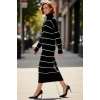 Kadın Balıkçı Yaka Çizgili Shift Kalıp Uzun Kollu Triko Elbise Kış Aylarının Vazgeçilmezi Kaliteli