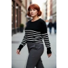 Kadın Bisiklet Yaka Çizgili Triko Kazak Standart Kol Rahat Kalıp Günlük Sonbahar Kış Şıklığı