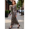 Kadın Bodycon Kalıp Düşük Uzun Kollu Asimetrik Yaka Animal Desen Astarlı Maxi Tül Elbise Fırfırlı