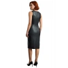 Kadın Bodycon Kesim Suni Deri Kruvaze Midi Elbise Bisiklet Yaka Kolsuz Tasarım Şık Gece Kombinleri