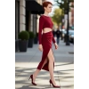 Kadın Bordo Bodycon Kesim Uzun Kollu Cut Out Detaylı Şık Maxi Elbise Gece Mezuniyet Davetleri