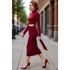 Kadın Bordo Cut Out Detaylı Midi Bodycon Elbise Dik Yaka Uzun Kollu Örme Kış Sezonu Kaliteli
