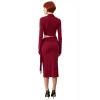 Kadın Bordo Cut Out Detaylı Midi Bodycon Elbise Dik Yaka Uzun Kollu Örme Kış Sezonu Kaliteli
