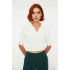 Kadın Casual Ortamlar İçin Ekru Regular Kesim Kısa Kollu Polo Yaka Fitilli Crop Triko Bluz Şık