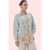 Kadın Çiçekli Desenli Oversize Keten Görünümlü Gömlek Polyester Günlük Kullanım Hafta Sonu