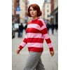 Kadın Çizgili Bisiklet Yaka Regular Kalıp Düşük Kol Uzun Kollu Triko Kışlık Rahat Şık Kazak