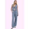 Kadın Çizgili Geniş Paça Pantolon Yüksek Bel Denim Yazlık Günlük Kullanım Kaliteli Malzeme