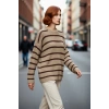 Kadın Çizgili Oversize Triko Kazak Bisiklet Yaka Tasarımı ile Uzun Kollu Kış Günlerinin Yıldızı