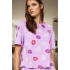 Kadın Dudak Desenli Pamuklu Kısa Kollu Pijama Takımı Rahat Ev Giyim Yaz Modern Stil Kaliteli İşçilik