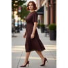 Kadın Düz Bisiklet Yaka Kısa Kollu Dokuma Midi Elbise Şık Kemer Detaylı Büyük Beden Yazlık
