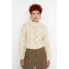 Kadın Ekru Ajurlu Dik Yaka Uzun Kollu Regular Kalıp Süper Crop Triko Kazak İlkbahar Sonbahar Şıklığı