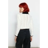 Kadın Ekru Akrilik Ajurlu Triko Kazak Polo Yakalı Fiyonk Detaylı Crop Boy Modern Stil Kaliteli