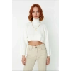 Kadın Ekru Oversize Süper Crop Dik Yaka Triko Kazak Düşük Kol Kışlık Güncel Moda Trendi Kaliteli