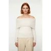 Kadın Ekru Regular Kalıp Carmen Yaka Tüylü Sakal İplikli Crop Triko Kazak Kış Sezonu Şıklığı