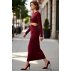 Kadın Fashion Forward Bordo Örme Maxi Elbise Bodycon Kesim Bel Detaylı Uzun Kollu Zarif Stil