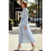 Kadın Fashion Forward Çizgili Dokuma Gömlek Yaka Kuşaklı Fırfırlı Etekli Maxi Elbise İlkbahar