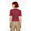 Kadın Fitted Kesim Simli İnce Triko Bluz Bisiklet Yaka Fırfır Kollu Crop Model Modern Stil