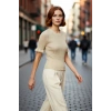 Kadın Fitted Kesim Simli İnce Triko Bluz Bisiklet Yaka Fırfır Kollu Crop Model Modern Stil
