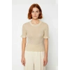 Kadın Fitted Kesim Simli İnce Triko Bluz Bisiklet Yaka Fırfır Kollu Crop Model Modern Stil