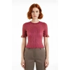 Kadın Fitted Kesim Simli İnce Triko Bluz Bisiklet Yaka Fırfır Kollu Crop Model Modern Stil