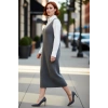 Kadın Gri Shift Kalıp Triko Jile Midi Elbise V Yaka Düz Dokulu Konforlu İlkbahar Sonbahar Kaliteli